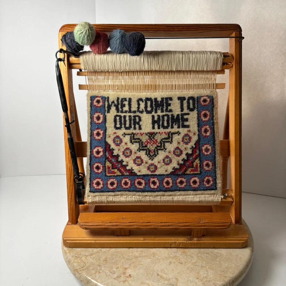 Miniature Welcome to Our Home‎ Tapestry Rug on Wooden Loom Display